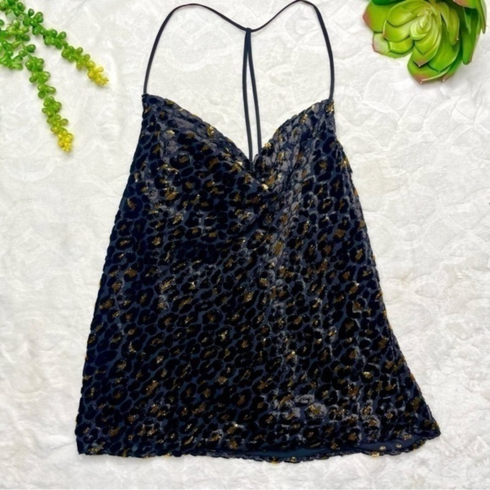 Intermix Gillian Velvet Devore Leopard Print Black Gold Metallic Cowl Neck Cami